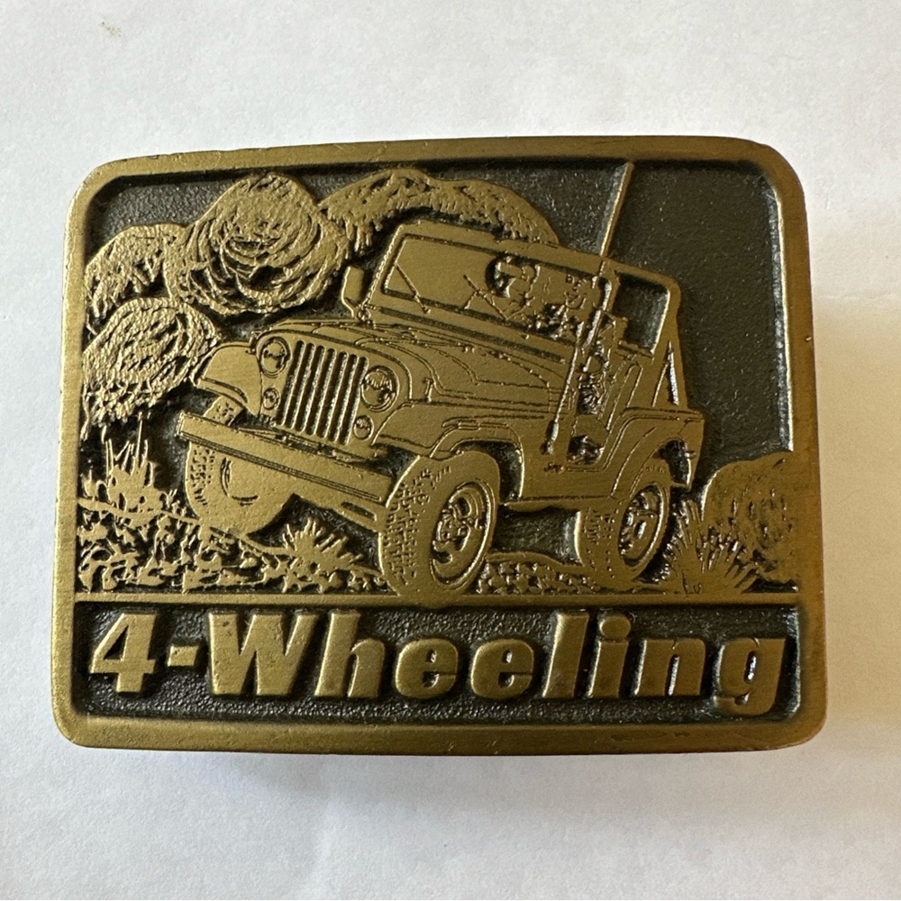 Vintage 1975 Adezy Denver USA Brass Belt Buckle 4-WHEELING JEEP 1970's